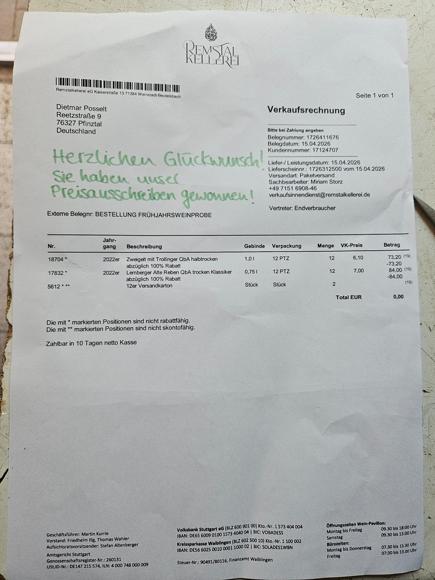 Ich habe bei der Weinprobe 24 Flaschen Wein gekauf